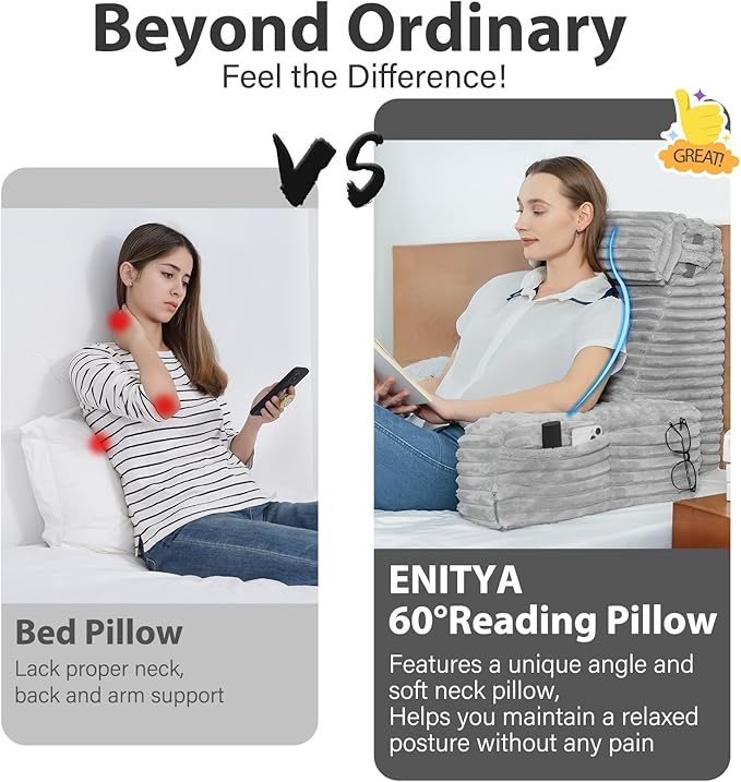 ENITYA Back Pillow for Bed Sitting up, Reading Pillow for Sitting in Bed Adult, Back Support Wedge for Reading/Resting/Post Surgery/Watching TV/Gaming,Light Grey