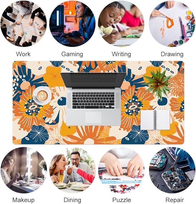 QiyI Large Desk Pad, Floral Mouse Pad Desktop Decor, Waterproof PU Leather Desk Cover Protector, Desk Accessories for Office Home Work Writing Gaming 31.5" x 15.7" - Orange Blue Flowers