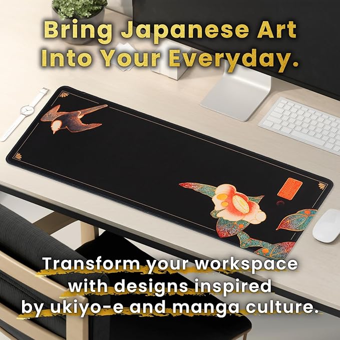 BELLEMOND Japanese Art Desk Mat | Large 31.5x11.8in Anime Mouse Pad for Keyboard & Mouse | Non-Slip Base, Water-Repellent | Original Japanese Design | Camellia Silence