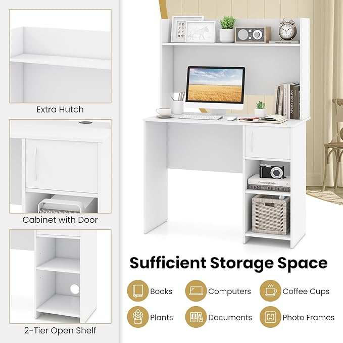 Giantex White Desk with Hutch, Small Computer Desk with Bookshelf & Adjustable Shelf, 2 Cable Holes, Modern Laptop PC Computer Workstation, Study Writing Desk for Small Spaces, Bedroom, Home Office