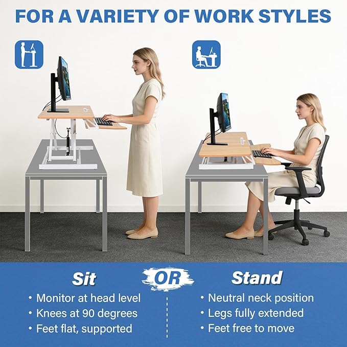 37" Height Adjustable Standing Desk Converter, Two Monitor Stable Stand up Desk Converter, 5.9"-18.8" Height Adjustable Laptop Workstation with Keyboard Tray, Desktop Riser for Home and Company