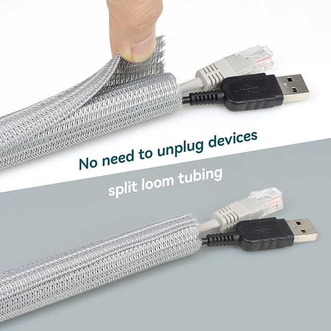 Wire Loom Tubing, 10ft Split Braided Cable Management Sleeve, Flexible Mesh Cord Protector Cable Sleeve for TV Computer (Grey, 1/2")