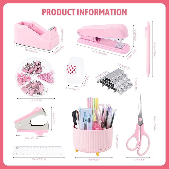 Pink Desk Accessories 12Pcs Set, Cute Office Supplies Decor for Women, 360° Rotating Pen Holder Organizer with Stapler, Tape Dispenser, Staple Remover, Staples, Tape, Clips Set, Ruler, Scissor, Pen