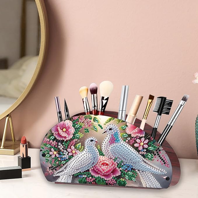POETRYDRAW DIY Birds Diamond Art Painting Wooden Storage Box – Multi-Grid Moon Fan Makeup Brush Organizer, Double-Sided Drill Tabletop Holder for Women, Office & Home Decoration