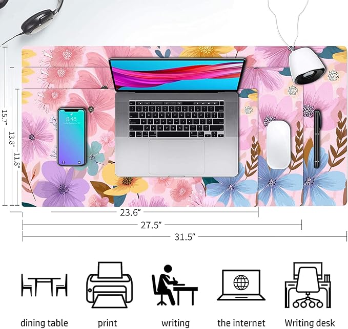 Desk Mat Large Mouse Pad, Non-Slip PU Leather Gaming Mousepad Keyboard Mouse Mats Desk Pads 27.5"x13.8" for Work Office Decor Gifts Pink Floral