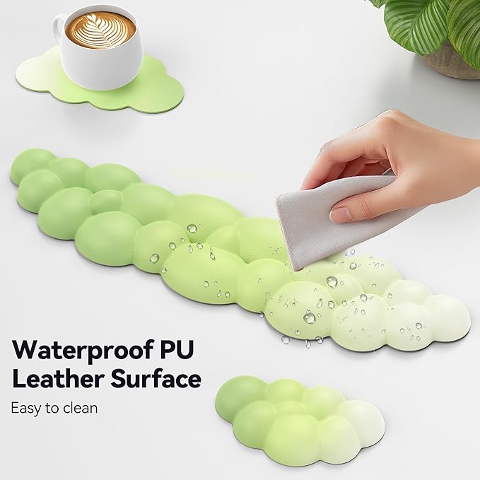 TECKNET Cloud Keyboard Wrist Rest Set, Cloud Wrist Rest with Non-Slip Base, PU Leather Wrist Pad for Keyboard with Ergonomic Memory Foam for Computer Laptop Office Gaming & Pain Relief, Gradient Green