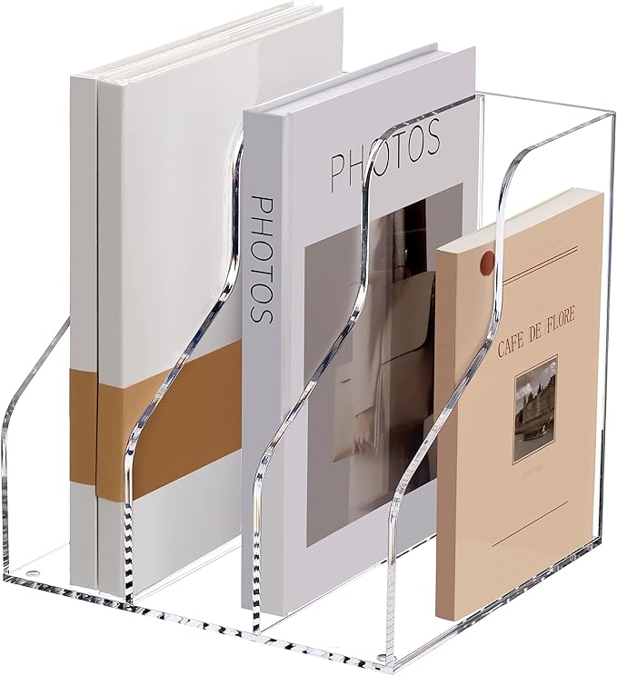 SANRUI Acrylic File Organizer, Clear Magazine File Holder with 3 Vertical Compartments, Desk Organizer for Home School Office Organization, Desk Bookshelf