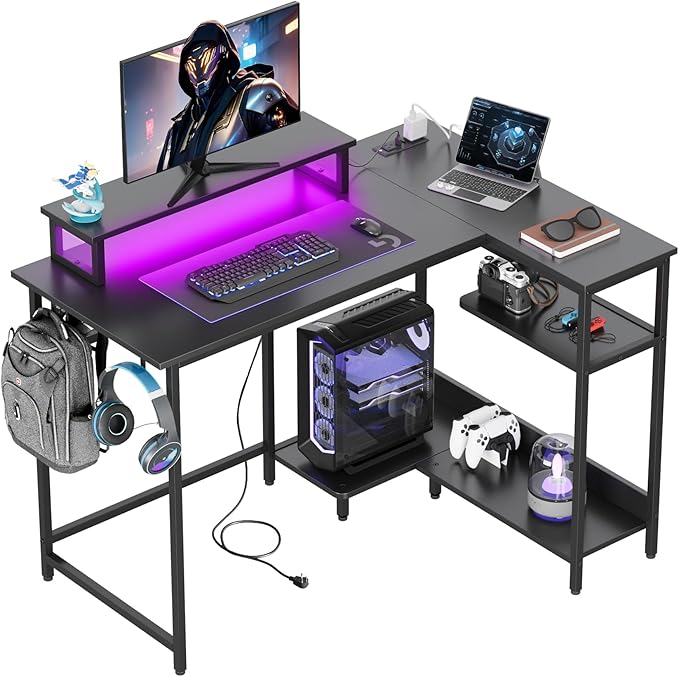 DEVAISE Compact 43" L Shaped Gaming Desk with LED Lights and Power Outlets - Corner Computer Table with Monitor Stand and Storage Shelves for Work and Gaming, Black