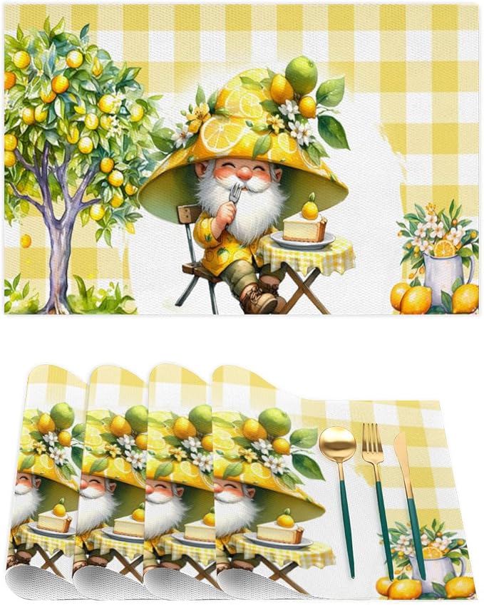 Placemats Set of 4 Heat-Resistant Rectangle Place Mats Yellow Lemon Gnomes Washable Plastic PVC Dining Table Mat Non-Slip Wipeable Woven Vinyl Placemat for Kitchen Patio Table Decor