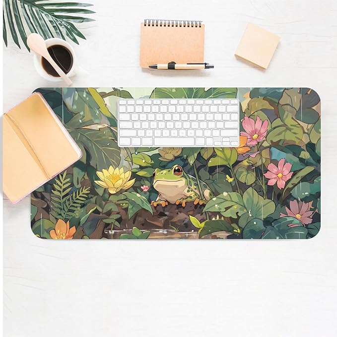 Cute Desk Mat, Anime Frog Large Mouse Pad for Desktop, PU Leather Waterproof Desk Pad, Anti-Slip Computer PC Laptop Protector Gaming Mouse Pads for Office Home Decorations (23.6" x 11.8")