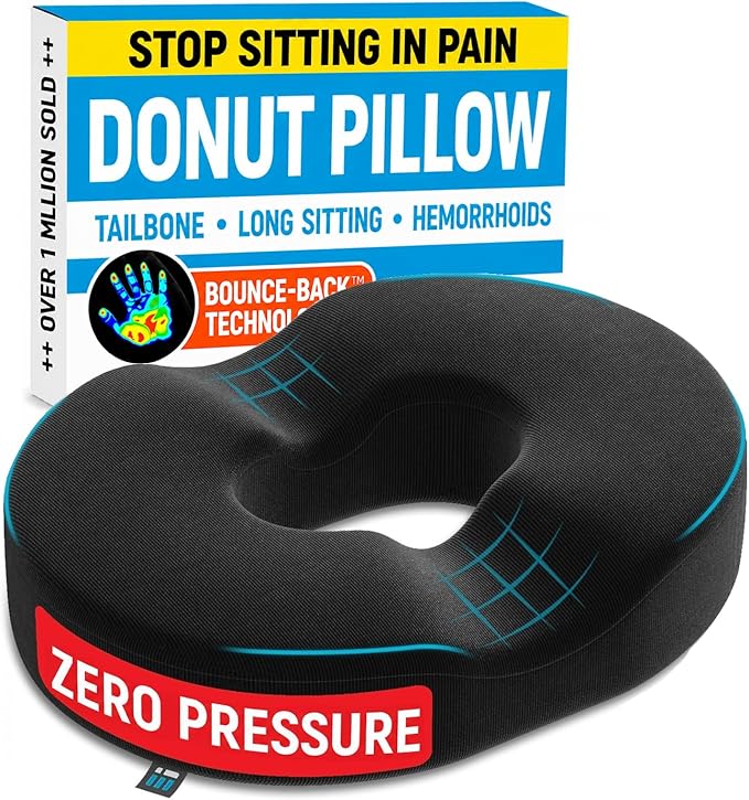 PT ENDORSED Donut Pillow Tailbone Pain Relief Cushion - Coccyx & Hemorrhoid Pillow for Sitting - Donut Seat Cushion for Pressure Relief, Prostate, Postpartum, Pressure Sores, Lifting Cushions