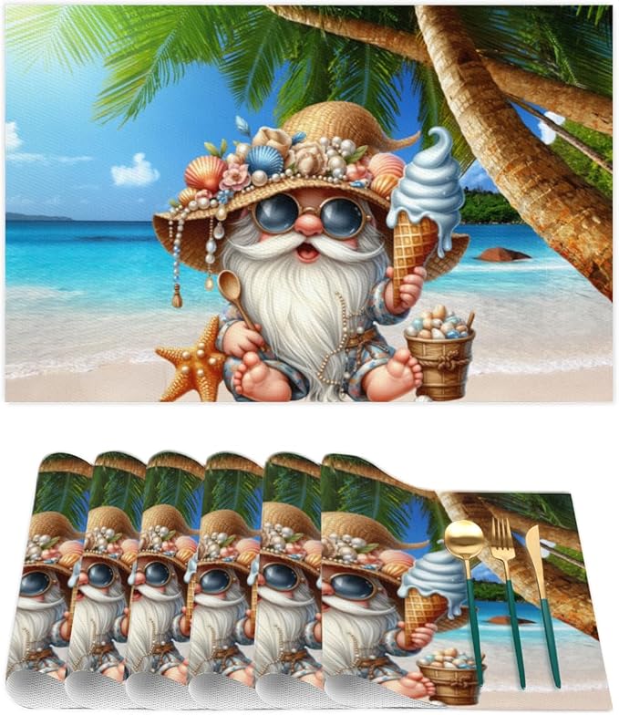 Placemats Set of 4 Heat-Resistant Rectangle Place Mats Beach Palm Gnomes Cute Washable Plastic PVC Dining Table Mat Non-Slip Wipeable Woven Vinyl Placemat for Kitchen Patio Table Decor