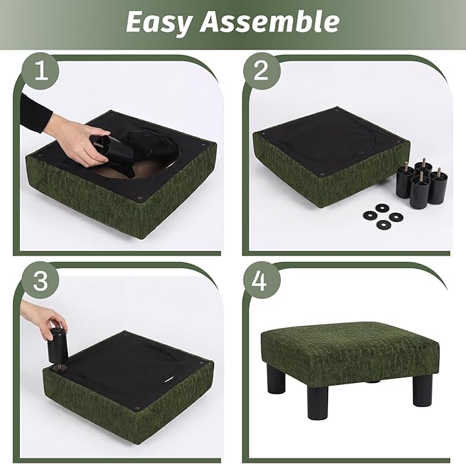 Joveco Small Foot Rest Stool Ottoman, 3D Velvet Square Upholstered Footstool for Chair, Under Desk, Office, Living Room, Deep Green