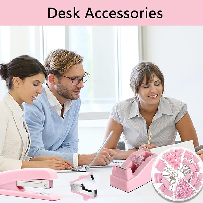 Office Supplies,Pink Desk Accessories,Office Supplies Set,Stapler and Tape Dispenser Set,Scissors,Staple Remover,Binder Clips,Staples,Ballpoint Pen,Index Tabs with Ruler,Clear Tape.9pcs for Office