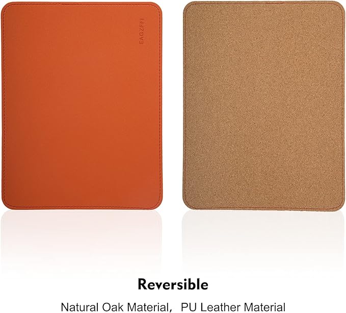 Double-Sided PU Leather & Cork Mouse Pad with Coaster – Reversible, Non-Slip, Stitched Edges for Office & Home, 8x11 Inches,(Orange)