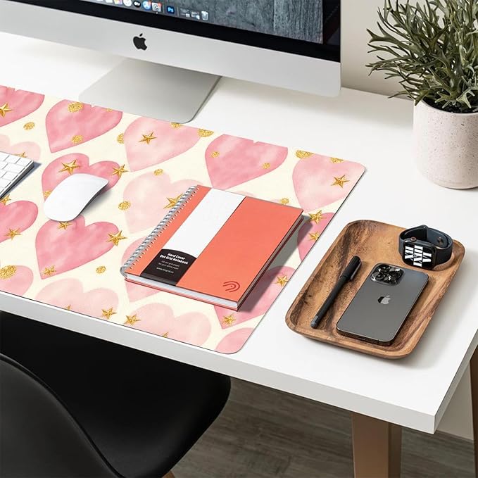 Valentine Desk Mat, Pink Heart Large Mouse Pad for Desktop, PU Leather Waterproof Desk Pad, Computer PC Laptop Protector Gaming Mouse Pads Valentine's Day Gifts for Her Him (31.5" x 15.7")