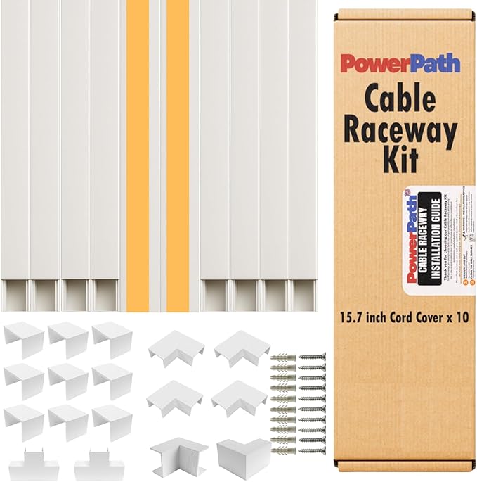Cable Management Kit | 157" Cord Hider Kit | 10 Pcs x 15.7in Paintable Cable Raceway with Connectors | T & L Corners | Inside & Outside Elbows | Home Office Essentials | Wall Cable Concealer for TV