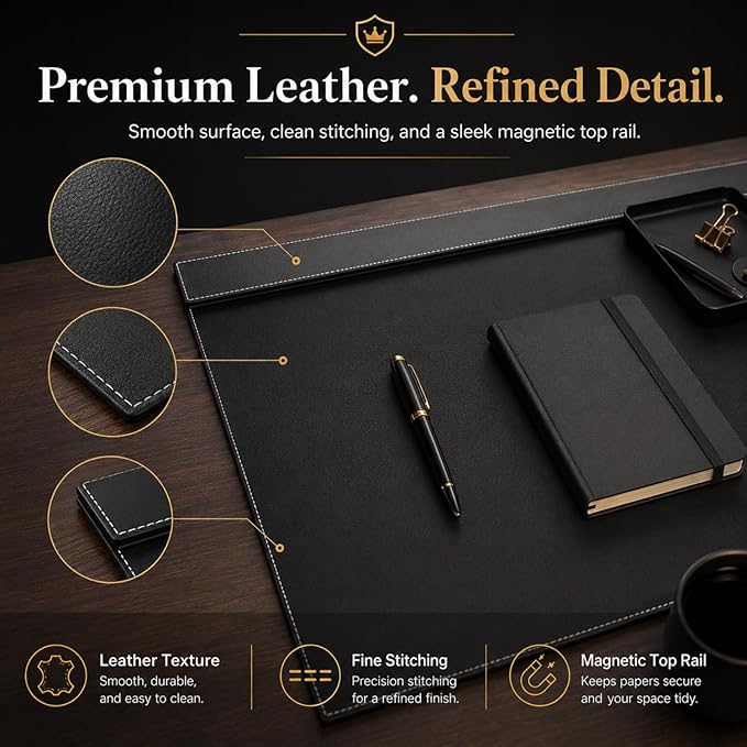 Fumete 31.5" x 17.7" PU Leather Desk Pad Mat, Large Waterproof Desk Blotter with Top Rail, Dual-use Writing Board & Mouse Pad for Office Home Desktop