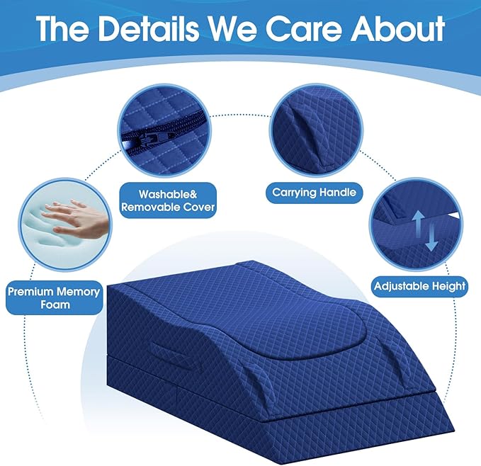 TranquilRelax Leg Pillow, Leg Elevation Pillow with Pad and Memory Foam, Height Adjustable Bolster Pillow for Legs, Leg Pillow Elevation Blood Circulation, for Post-Surgery, Full Blue