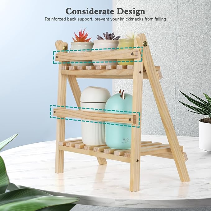 Jotsport 2-Step Desktop Storage Organizer Foldable 2 Tier Ladder Plant Stand Wood Display Shelf Decorative Storage Rack for Table Top