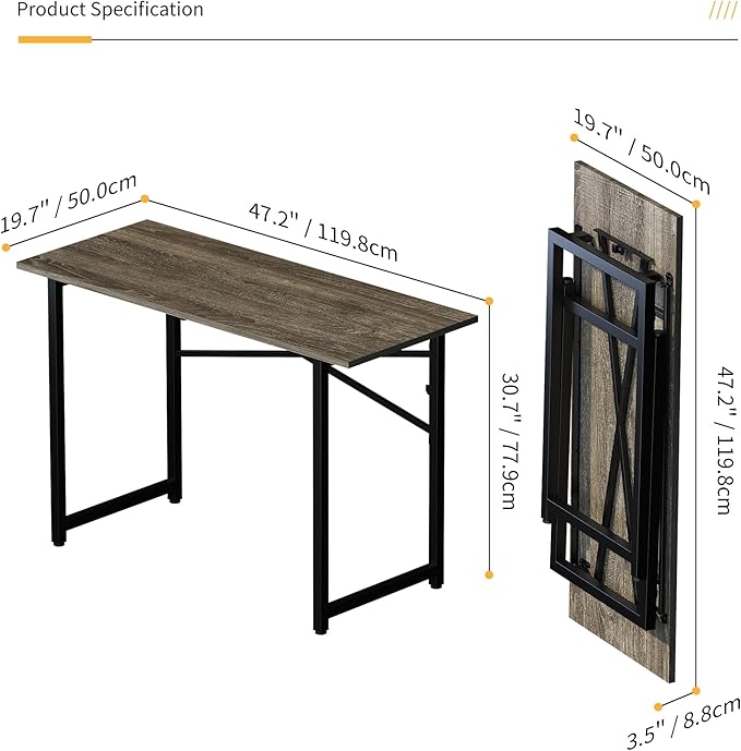 Lutown-Teen 47 inch Folding Desk, Writing Gaming Computer Camping Table, No Assembly Required Home Office Desk, Black Oak