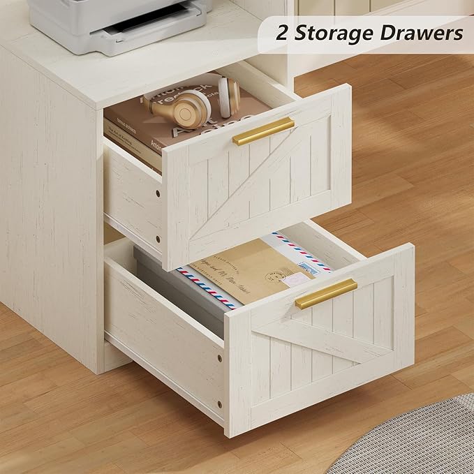 YOMILUVE 63" Farmhouse L Shaped Executive Desk with Drawers & Storage Shelf, Corner Computer Desk with Power Outlets, L Shaped Office Desk with Monitor Stand, Printer Shelf, White