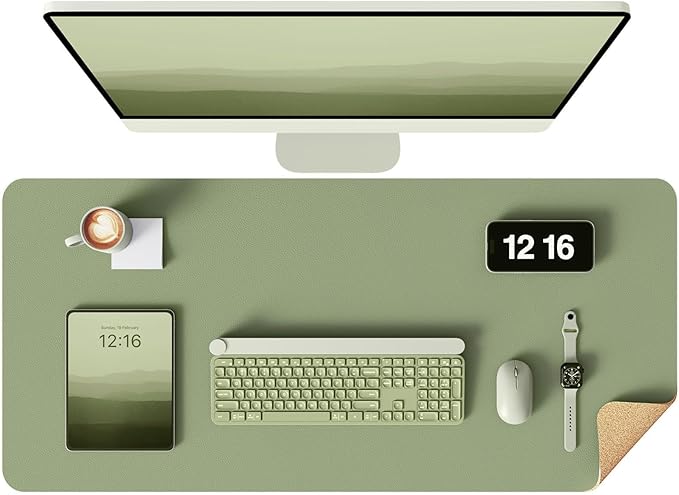 YSAGi Double-Sided Desk Pad, 31.5"x15.7"Leather Desk Mat, Eco Cork Desk Pad Protector,Large Mouse Pad,Waterproof Desk Blotter for Office/Home(Grayish Green)