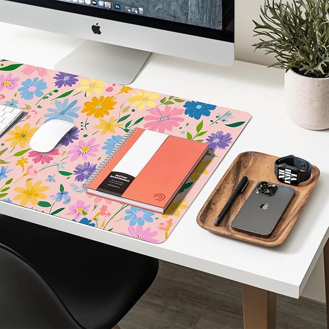 Desk Mat Large Mouse Pad, Non-Slip PU Leather Gaming Mousepad Keyboard Mouse Mats Desk Pads 23.6"x11.8" for Work Office Decor Gifts Pink Flowers