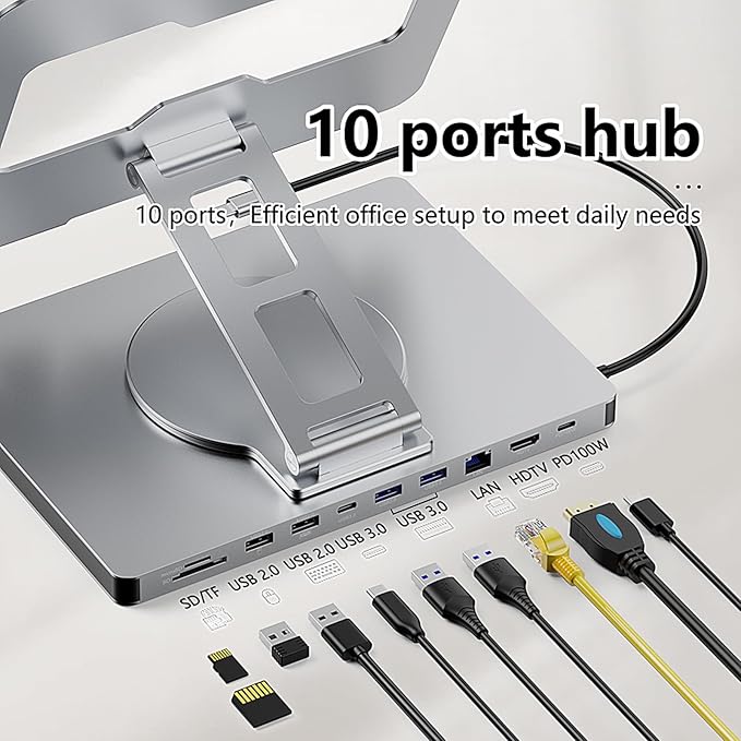 10 in 1 Laptop Docking Station Stand for MacBook Pro/Air/Surface/Dell/HP/Lenovo, Mac Type-C Hub with 4K HDMI, USB 3.0, SD/TF Card, RJ45, PD 3.0, USB C Laptop Stand Hub with 360 Rotating Base (ST109A)