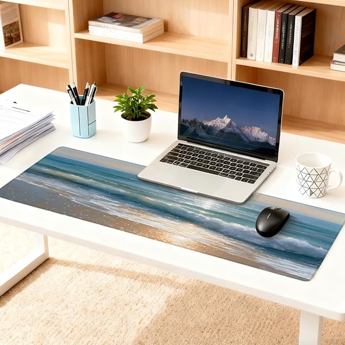 Sea Beach Landscape Large Mouse Pad Non-Slip Rubber Long Gaming Desk Mat Big Computer Keyboard Mousepad Waterproof Protector Wristing Pad for Gaming Office Home Decorative 31.5 X 11.8 Inch