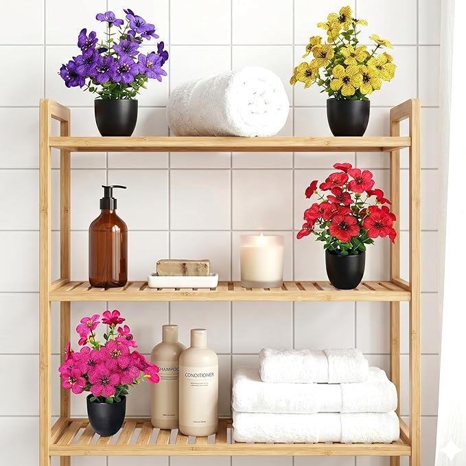 Small Artificial Flowers in Pots, Fake Plants Indoor Small, Spring Decorations for Home Office Desk Accessories, Mini Potted Flowers for Bathroom Shelf