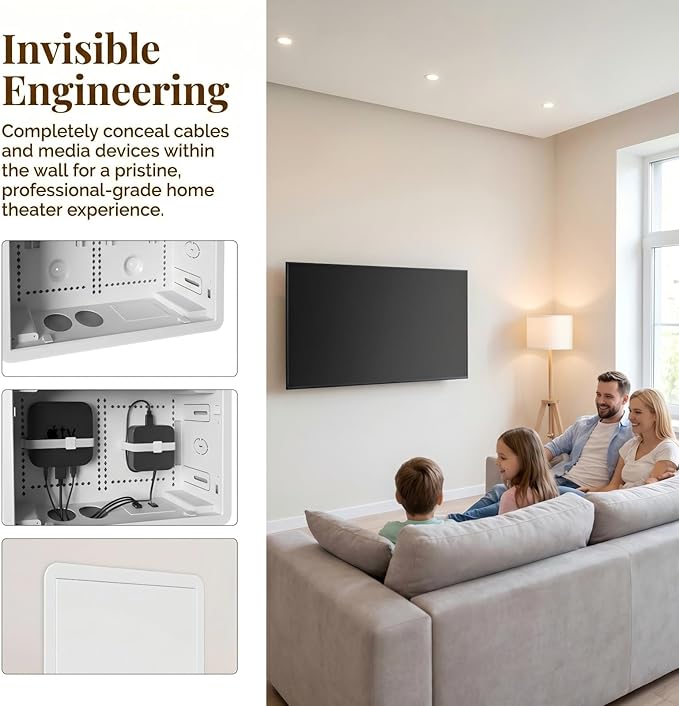9'' in-Wall Media Box & Recessed Outlet Box with Cable Management - Structured Media Enclosure Compatible with Streaming Media Players - WiFi Friendly Design
