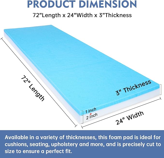 Upholstery Foam, 72" x 24" x 3" High Density Gel Memory Foam Padding Couch Cushion Support, Cut to Size Foam Replacement Pad for Sofa Sag Support