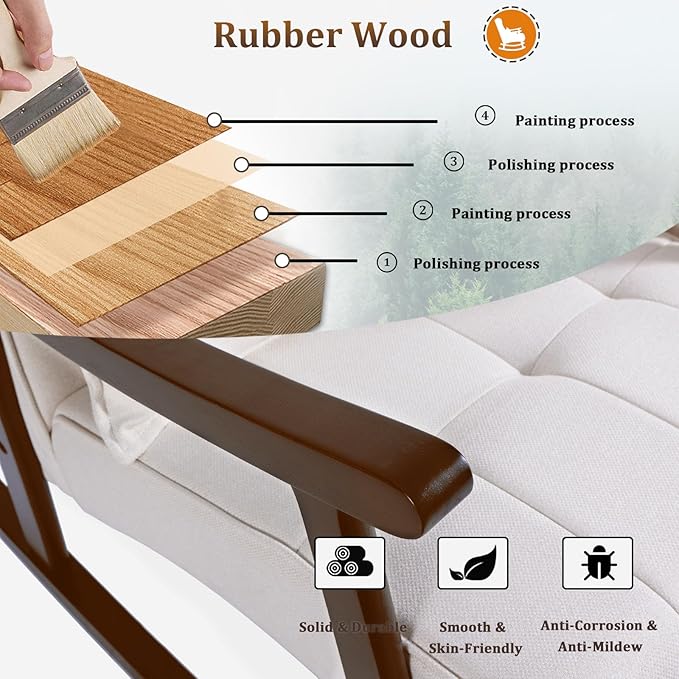 NOBLEMOOD Rocking Chair Indoor with Ottoman, Upholstered Rocking Chair with Lumbar Pillow, Side Pocket, High Back Solid Wood Frame Rocker with Footrest for Living Room