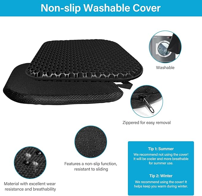 Gel Seat Cushion for Long Sitting With handle-Large & Thick & Soft & Breathable-Gel Cushion for Wheelchair, Gel Chair Cushion for Hip Pain, Gel Seat Cushion for Office Chair (Black, 17 x 15 inches)