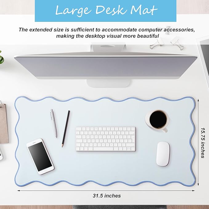 Hahafelt Scalloped Desk Mat Large Desk Pad Cute Coquette Table Mat Aesthetic Preppy Table Make up Pad Nonslip 2026 Graduation Gift with Stitching Waterproof Gaming(Blue,31.5 x 15.8 Inches)