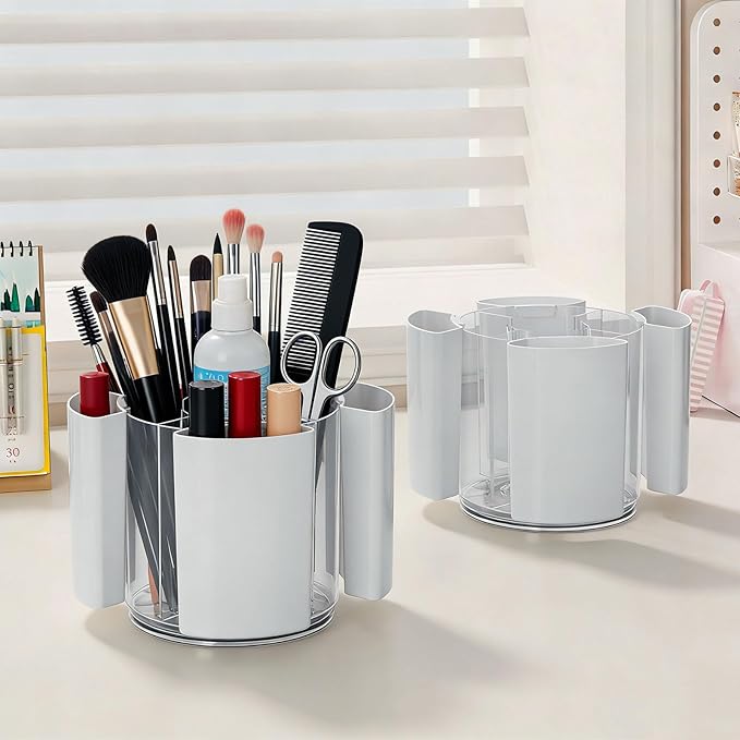 360 Rotating Plastic Desk Pen Organizer, Rotating Detachable Desk Organizer, Multi Compartment Pen Holder, 5 Slots Unique Make Up Brushes Cup for Cosmetics, Art Supply, White, 1 Piece
