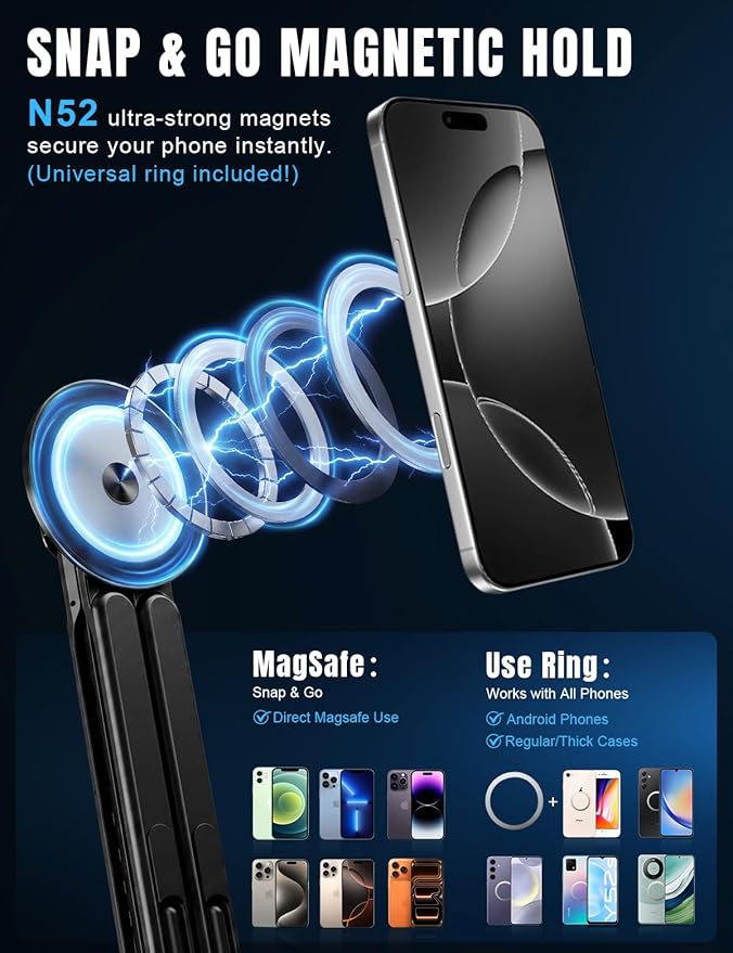 Magnetic Phone Stand & Foldable Laptop Riser, Matte Black Multi-Device Aluminum Desk Mount, N52 MagSafe Tripod Grip for Travel Office, Ergonomic Elevator for MacBook, iPad & iPhone