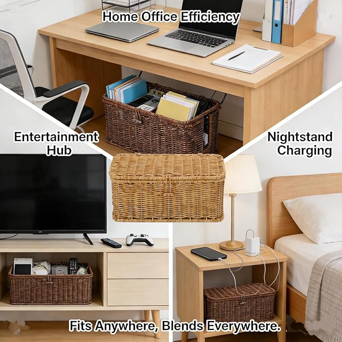 Handwoven Rattan Cable Management Box, Basket to Hide Cords, Container for Tv Wire, Computer, Router, USB Hub (Gray, M：12.9 * 5.1 * 5.1inch)