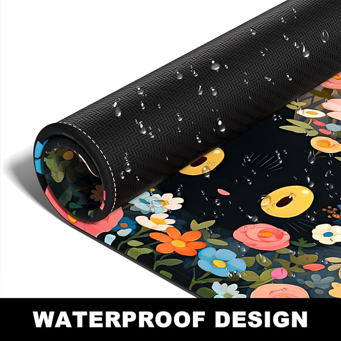 BOSOBO XXL Huge Gaming/Desk Mouse Pad & Keyboard Mat, 35.5 x 15.7 inches - Anime Cat Flower Bush Theme