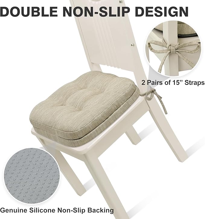 Shinnwa Dining Chair Cushions Set of 4, Dual-Layer Memory Foam Kitchen Chair Cushions, Patented Design Seat Pads with Ties, 16.5 x 16.5 x 3.5in, 4 Pack, Beige