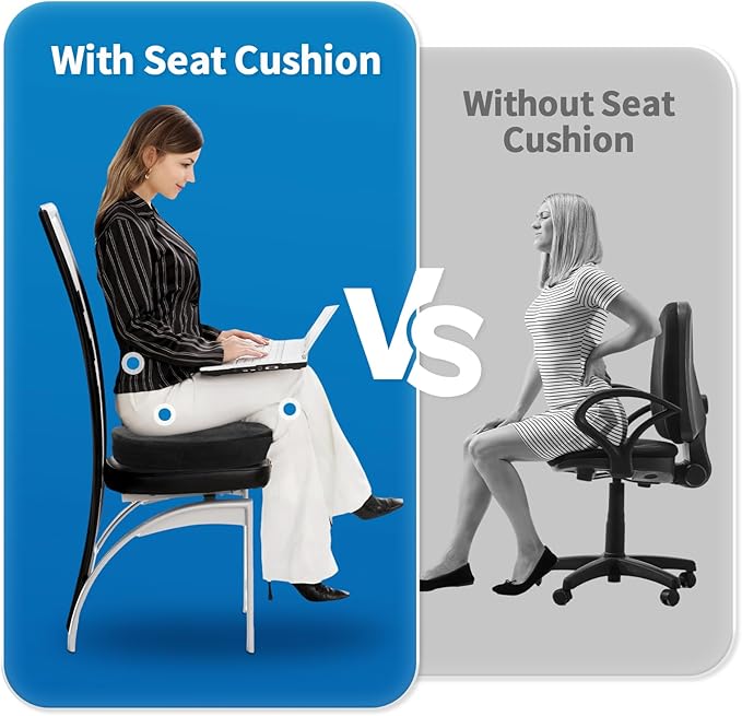 Memory Foam Seat Cushion for Office Chair & Car - Tailbone, Sciatica & Coccyx Pain Relief Butt Pillow - Ergonomic Orthopedic Desk Chair Pad for Long Sitting, Gaming & Travel, Black