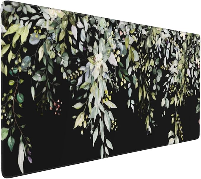 Green XXL Sage Green Leaves Gaming Mouse Pad 35.4"X15.7" Wildflower Extended Keyboard Mat Non-Slip Rubber Base Stitched Edge Full Desk Mouse Pad for Home & Office