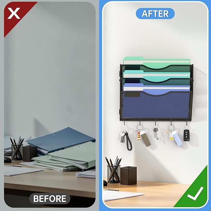 Gawerk Hanging Wall File Organizer with 5 Hooks - Wall Mounted Mail Paper Document Folder Holder, Sturdy Mesh Magazine Rack for Office Home (3 Tier)