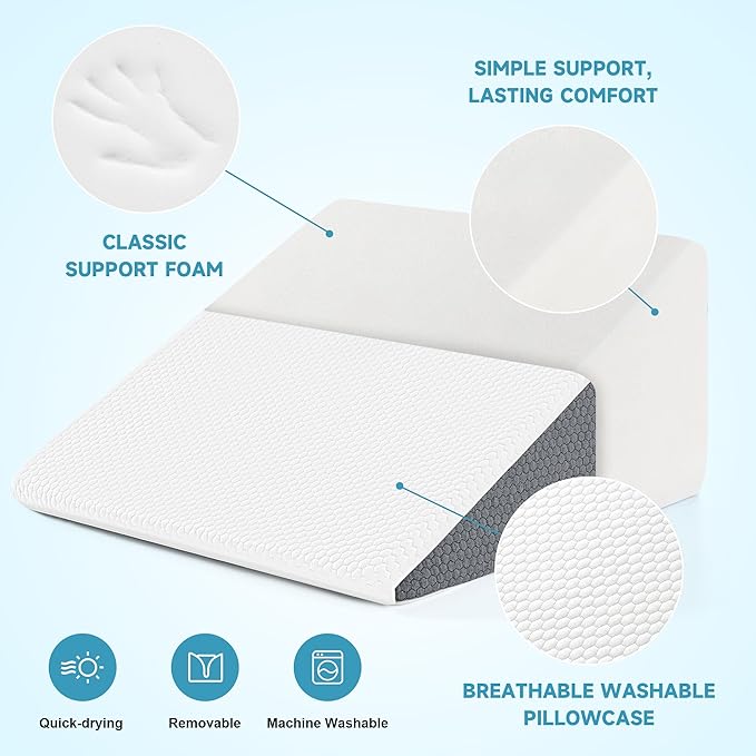 Yojoker Wedge Pillow for Sleeping - Bed Wedge Pillow for Headboard, High Density Foam Triangle Pillow for Elevated Sleeping, Snoring, Post Surgery Support, Back & Leg Elevation, White Grey, 7.5 Inch