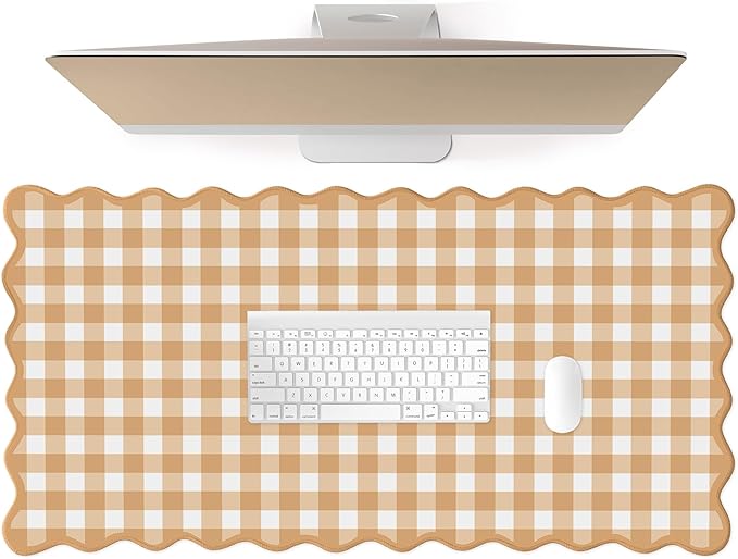Scalloped‌ Orange Checkered Gingham Desk Mat Cute Pastel Large Mouse Pad Kawaii Cottagecore ‌Vintage‌ Rustic Keyboard Pad Computer Mat for Desktop Aesthetic Cozy Office Desk Decor