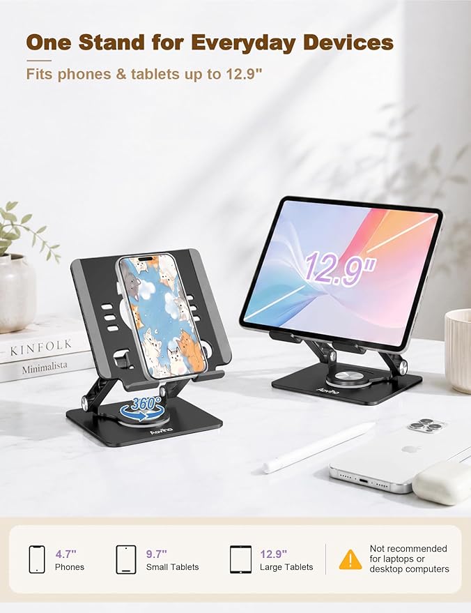 Aoviho Tablet Stand 360° Rotating Aluminum Holder, Adjustable, Portable and Foldable Monitors Stand for iPads, Compatible with 4-12.9" Tablets, Ink Black