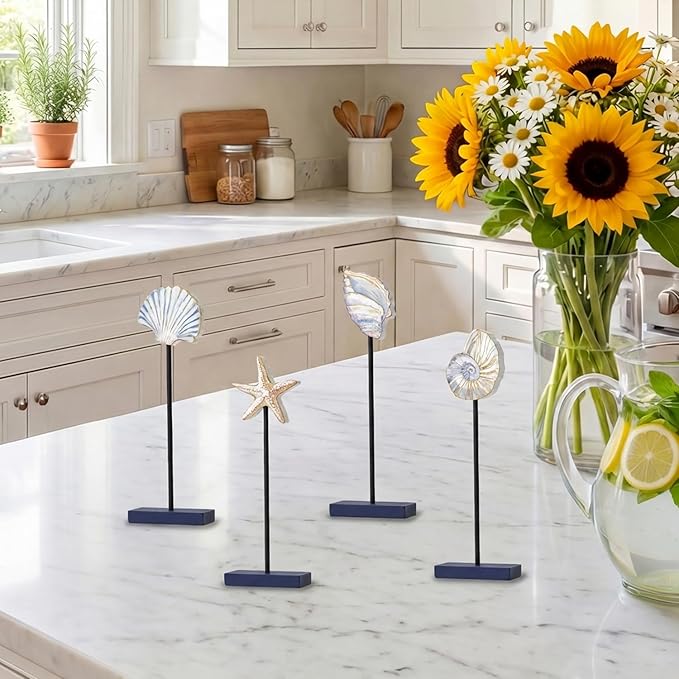 Smile 4 Pcs Wooden Decor Summer Indoor Decorations, Conch Starfish Shell Nautilus, Summer Table Centerpieces for Home Kitchen Seasonal Display