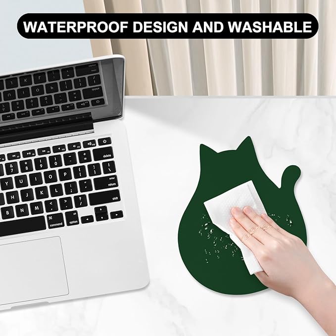 Funny Leather Mouse Pad Cute Cat Shape Office Desk Accessories Decor for Women Small Mousepad with Non-Slip Rubber Base Washable Waterproof, 9.7" x 8", Dark Green