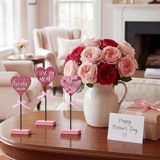 Smile Mother's day Heart - Shaped Mom Wooden Table Decor Set with Pink Bases & Ribbon Accents, Mother's day Indoor Decoration